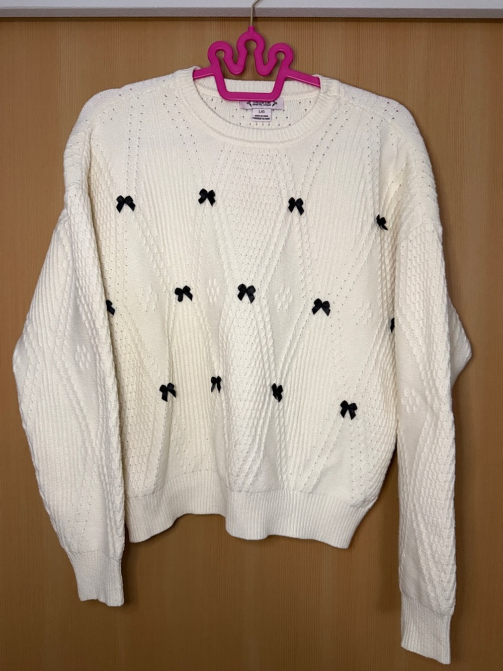 Nanette Lepore Cream Cable-Knit Sweater with Black Bow Embellishments